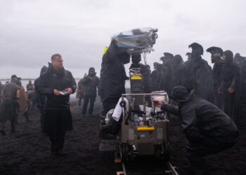 director christopher nolan frame left on set of his film the odyssey, written, produced, and directed by christopher nolan