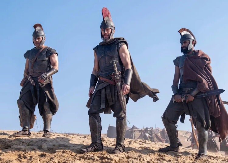 Jimmy Gonzales, Matt Damon and Himesh Patel in The Odyssey.