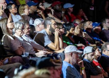 Community members attend a meeting about the proposed rezoning of Crown Center for a new Kansas City Royals ballpark at the Regnier Theatre inside Union Station on Monday, July 27, 2026, in Kansas City.
