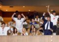 Victoria Beckham, left, remains seated as her husband, David Beckham, right, cheers in celebration at the World Cup on Saturday, July 11, 2026, in Miami.