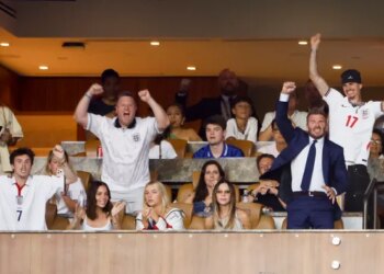Victoria Beckham, left, remains seated as her husband, David Beckham, right, cheers in celebration at the World Cup on Saturday, July 11, 2026, in Miami.