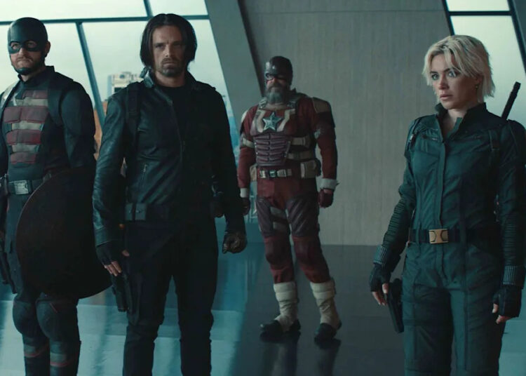 John Walker (Wyatt Russell), Bucky Barnes (Sebastian Stan), Alexei Shostakov (David Harbour), and Yelena Belova (Florence Pugh) in 'Thunderbolts*'Credit: Courtesy of Marvel Studios