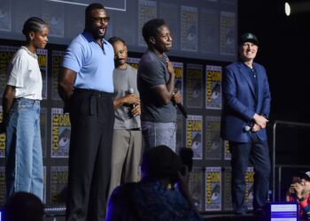 Letitia Wright, from left, Winston Duke, Ryan Coogler, David Jonsson, and Kevin Feige attend a panel for Marvel Studios during Comic-Con International on Saturday, July 25, 2026, in San Diego. (Photo by Richard Shotwell/Invision/AP)