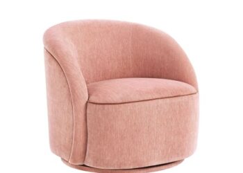 Beautiful Georgiana Swivel Chair by Drew Barrymore, Rose Pink With Faux Leather Rust Piping