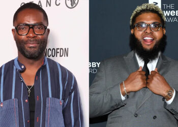 David Oyelowo and Druski at separate events; Oyelowo in a striped shirt, and Druski in a suit and tie, both wearing glasses and smiling.