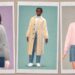 Three polaroid-style portraits of Sims wearing casual fashion: cardigan, trench coat, and striped sweater.
