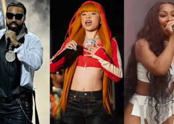 (L-R) French Montana, Ice Spice and Yung Miami.
