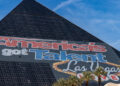 Las Vegas, United States - November, 2022: A picture of the Luxor Hotel and Casino pyramid with an ad from America's Got Talent.