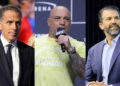 Hunter Biden in a suit, Joe Rogan holding a UFC microphone, and Donald Trump Jr. in a blue suit, each in separate frames.