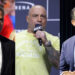 Hunter Biden in a suit, Joe Rogan holding a UFC microphone, and Donald Trump Jr. in a blue suit, each in separate frames.