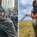Matt Damon and stuntwoman Deyvn Dalton in costume in "The Odyssey." Side-by-side images comparing a bearded warrior in a crested helmet from a historical epic film with the stunt performer in matching armor and helmet holding a short sword in a grassy field.