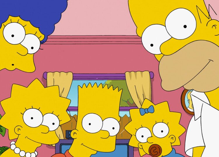 The Simpsons family gathered in their living room, with bright yellow skin and wide eyes, smiling at the viewer.