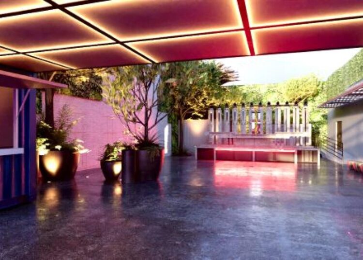 A rendering of the patio of the nightclub Origin, set to open in downtown L.A.'s Arts District in late summer 2026.