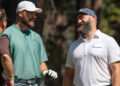 Travis Kelce and brother Jason Kelce talk on the 4th tee during the first round of the American Century Celebrity Championship golf tournament at Edgewood Tahoe Golf Course in Stateline, Nevada, July 12, 2024.