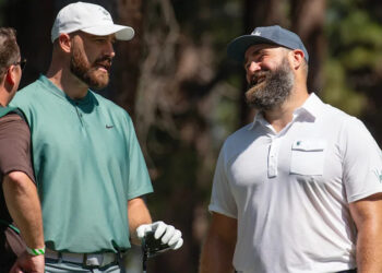 Travis Kelce and brother Jason Kelce talk on the 4th tee during the first round of the American Century Celebrity Championship golf tournament at Edgewood Tahoe Golf Course in Stateline, Nevada, July 12, 2024.