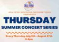 A poster for a series of music events at a Jellyfish Brewing, with blue and orange letters against a gray background