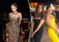 An image collage containing 2 images, Image 1 shows Jennifer Lopez in a gold Dolce & Gabbana strapless gown embellished with colorful jewels, complemented by a matching necklace and earrings, Image 2 shows Jennifer Lopez in a yellow Dolce & Gabbana dress and another woman in a black Dolce & Gabbana dress pose back-to-back at an evening event