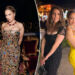 An image collage containing 2 images, Image 1 shows Jennifer Lopez in a gold Dolce & Gabbana strapless gown embellished with colorful jewels, complemented by a matching necklace and earrings, Image 2 shows Jennifer Lopez in a yellow Dolce & Gabbana dress and another woman in a black Dolce & Gabbana dress pose back-to-back at an evening event