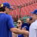 Kansas City Royals outfielder Jac Caglianone greets his father, Jeff, ahead of making his major-league debut on June 3, 2025, at Busch Stadium in St. Louis.