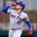 ATLANTA, GEORGIA - JULY 6: Juan Soto #22 of the New York Mets celebrates his three-run home run on the base paths during the ninth inning against the Atlanta Braves at Truist Park on July 6, 2026 in Atlanta, Georgia. (Photo by Todd Kirkland/Getty Images)