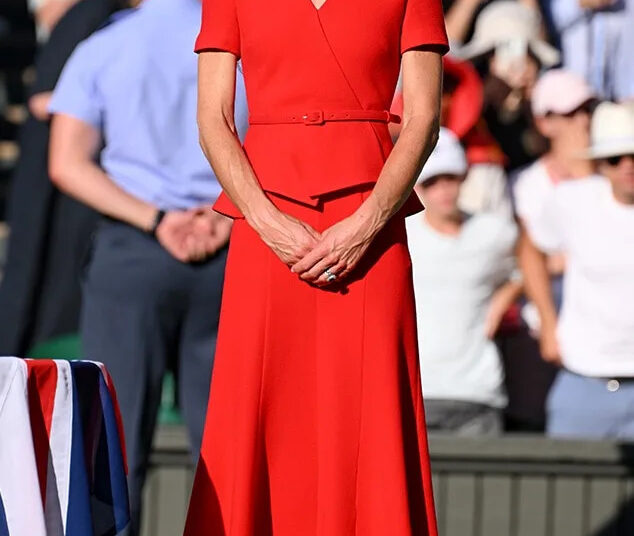 Catherine, Princess of Wales stands on Centre Court to present The Venus Rosewater Dish to the 2026 Wimbledon ladies' champion, Linda Noskova during day thirteen of the 2026 Wimbledon Tennis Champions