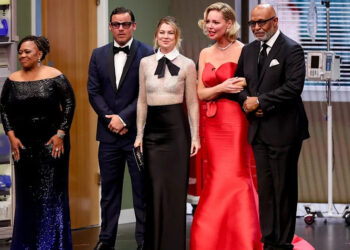 Chandra Wilson, Justin Chambers, Ellen Pompeo, Katherine Heigl and James Pickens Jr. on stage at the Emmy Awards in Los Angeles in January 2024.
