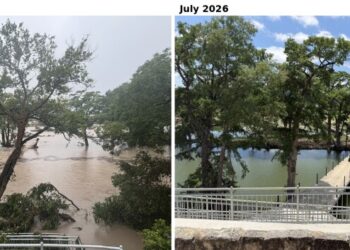 One year apart: The view from behind Kerrville's library overlooking Louise Hays Park during the July 2025 flood (left) and in July 2026 (right).