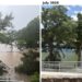 One year apart: The view from behind Kerrville's library overlooking Louise Hays Park during the July 2025 flood (left) and in July 2026 (right).