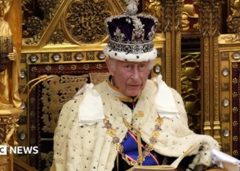 King Charles sitting on a golden throne with a crown on.