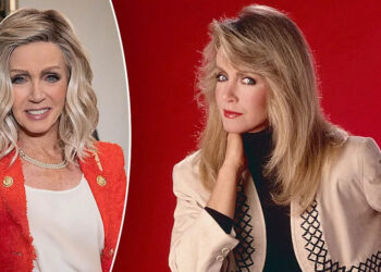 Donna Mills, seen on left in a red blazer in 2024 and on right in a studio photo shoot in 1983