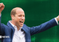 A designed image of Prince William cheering with his arms up over a green background.