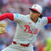 Philadelphia Phillies starting pitcher Jesus Luzardo throws during the first inning of a baseball game against the Kansas City Royals, Saturday, July 4, 2026, in Kansas City, Mo. (AP Photo/Charlie Riedel) - The Associated Press