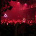 A lively crowd gathered in a dimly lit venue with red lighting and a neon sign in the background.