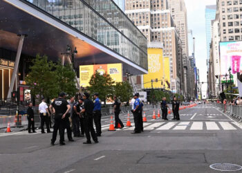 New York Police Department officers outside Madison Square Garden on July 3Credit: Andrea Renault/Star Max/GC Images