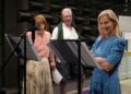 The Duchess of Edinburgh with cast members Susie Riddell (left) and Tim Bentnick as they record an episode of Radio 4 drama The Archers