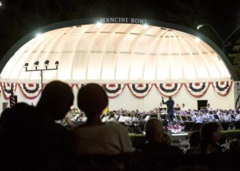 People enjoy a past year’s MoBand concert at Mancini Bowl in Modesto’s Graceada Park.