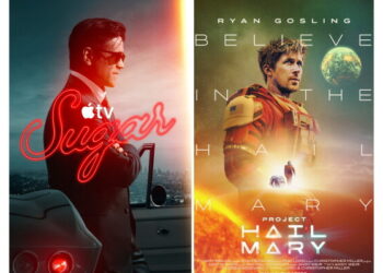 This combination of images shows promotional art for the series "Sugar," left, and the film "Project Hail Mary." (Apple TV+/Amazon MGM Studios via AP)
