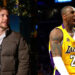 (L) MrBeast holding a cell phone and wearing a brown puffer jacket. (R) Kobe Bryant with his mouth forming as a yell while wearing a Lakers jersey.