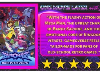 Banner for 'One Movie Later with J.C.' showing a neon-framed GameOverse poster on the left and a purple text panel on the right; five gold stars below.