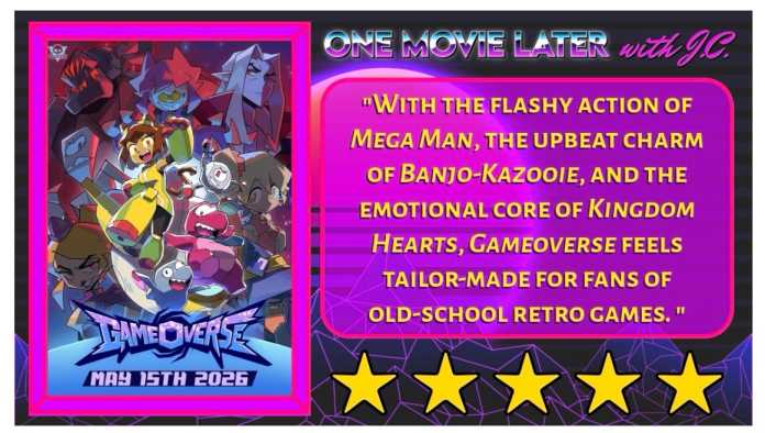 Banner for 'One Movie Later with J.C.' showing a neon-framed GameOverse poster on the left and a purple text panel on the right; five gold stars below.