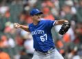 Kansas City Royals pitcher Seth Lugo (67) delivers a pitch in a MLB baseball game on Sunday, July 12, 2026 in Baltimore, Md. (AP Photo/Gail Burton)