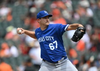 Kansas City Royals pitcher Seth Lugo (67) delivers a pitch in a MLB baseball game on Sunday, July 12, 2026 in Baltimore, Md. (AP Photo/Gail Burton)