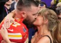 FILE - Kansas City Chiefs tight end Travis Kelce (87) and Taylor Swift kiss after the Chiefs defeated the San Francisco 49ers in the NFL Super Bowl 58 football game on Feb. 11, 2024, in Las Vegas. (AP Photo/John Locher, File)