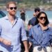 Prince Harry, Duke of Sussex, and his wife Meghan, the Duchess of Sussex walking hand in hand, wearing blue shirts and sunglasses.