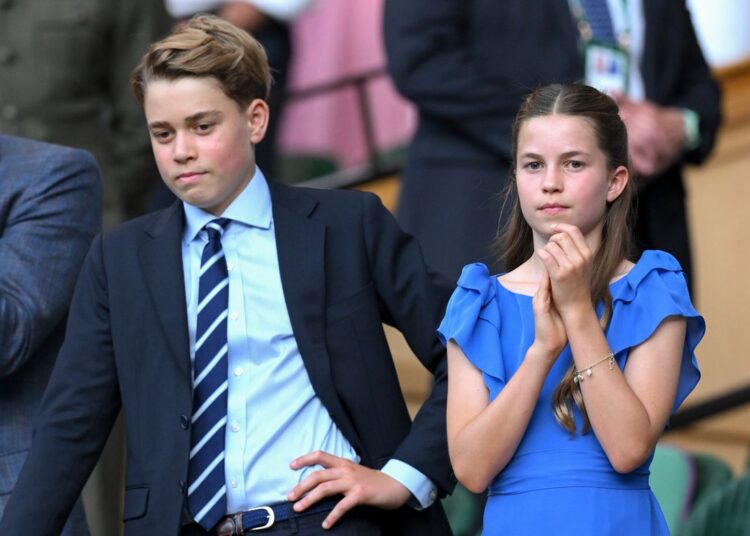 Princess Charlotte and Prince George shared a sibling moment while watching the Wimbledon men's final from the Royal Box.