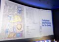 A presentation slide is displayed during a public meeting about the proposed rezoning of Crown Center for a new Kansas City Royals ballpark at the Regnier Theatre inside Union Station on Monday, July 27, 2026, in Kansas City.