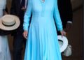 Queen Camilla arrived at Wimbledon wearing an elegant icy-blue Anna Valentine dress paired with her signature sentimental jewelry.