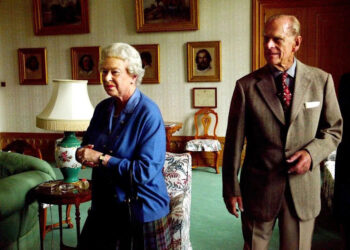 Queen Elizabeth II and Prince Philip, Duke of Edinburgh, on holiday at Balmoral Castle in Scotland on August 16, 2005