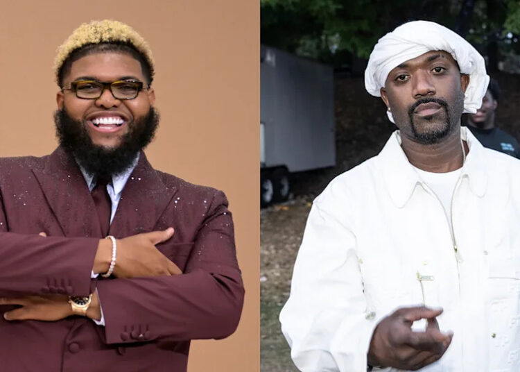 Druski in a maroon suit smiling, and Ray J in white attire with a serious expression.