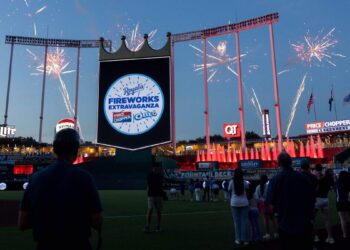 Fireworks light up the night sky during Thursday's Armed Forces Night Fireworks Extravaganza at Kauffman Stadium on July 2, 2026. The Tampa Bay Rays came out on top over the Royals with a final score of 5 to 2.
